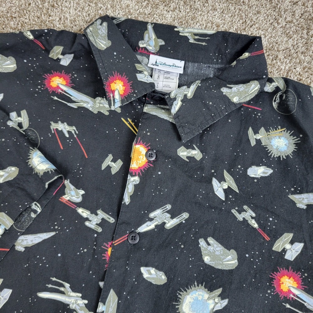 Disney Parks Star Wars Mens Large Black AOP Tie Fighter X Wing Button Up SS